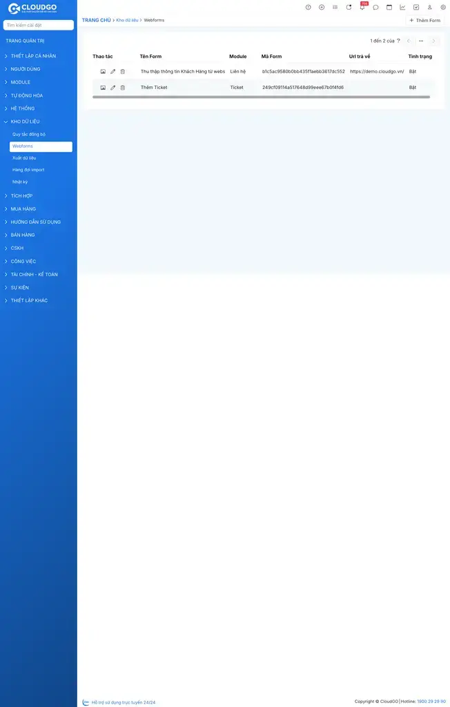 Danh sách Webforms đã tạo với nút Thêm Form ở góc trên bên phải
