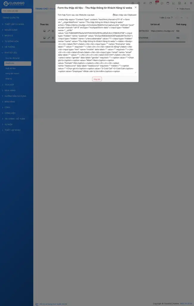 Popup Form thu thập dữ liệu hiển thị mã HTML và nút Sao chép vào Clipboard