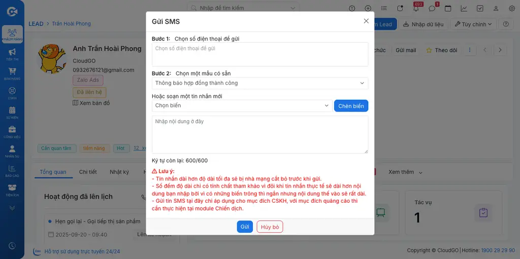 Form "Gửi SMS" với các trường nội dung tin nhắn cho khách hàng