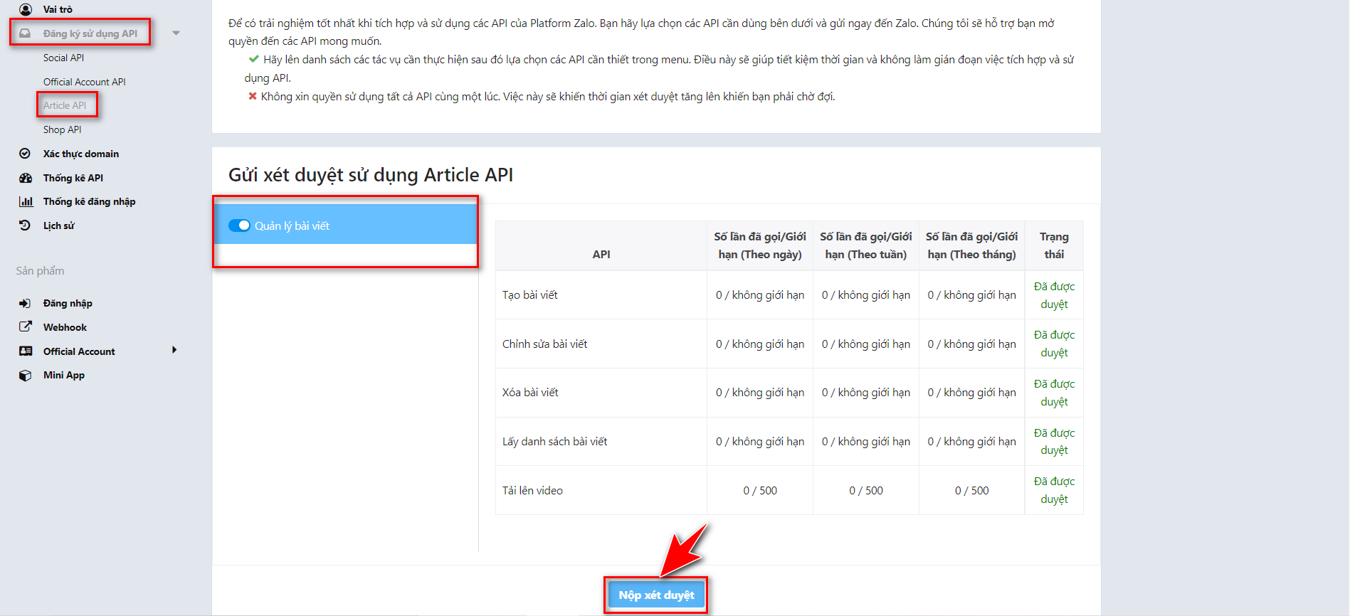 Đăng ký sử dụng Article API