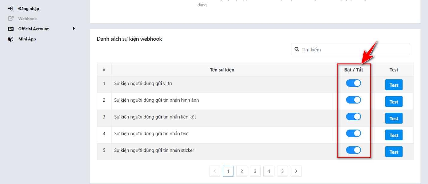 Bảng danh mục sự kiện Webhook — bật từng trang