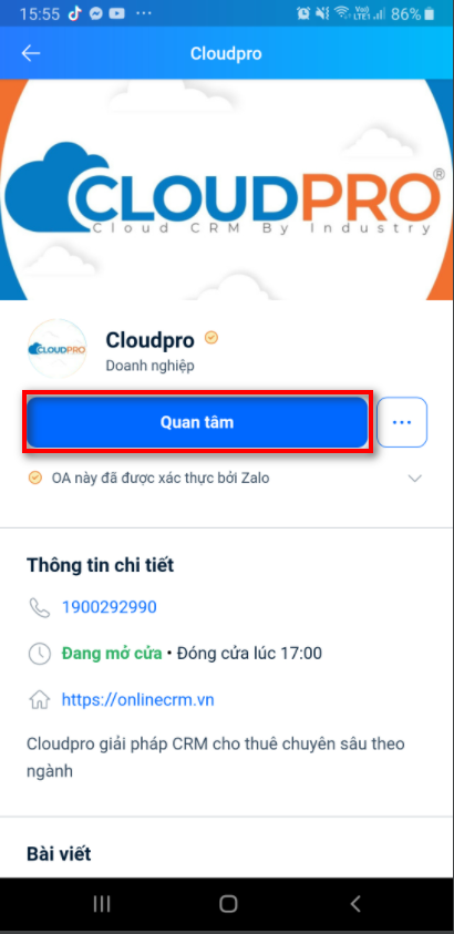Test form thu thập thông tin trên giao diện Zalo mobile khi nhấn Quan tâm