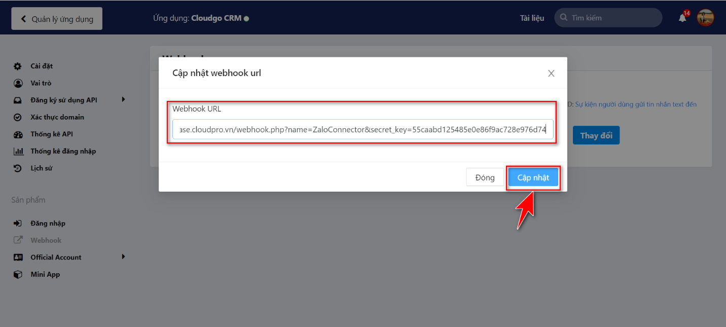 Nhập Webhook URL của CRM và bấm Cập nhật