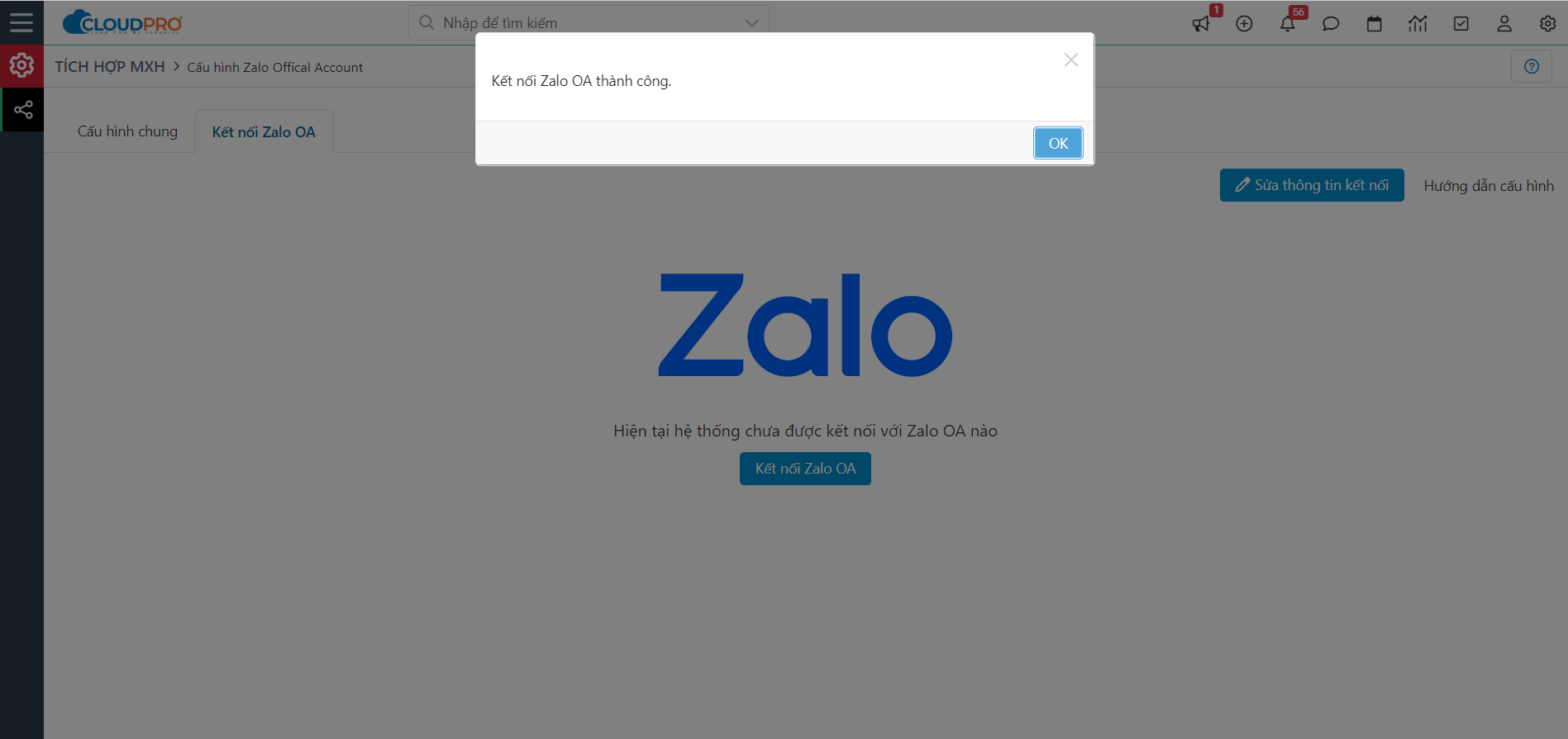 Thông báo Kết nối Zalo OA thành công
