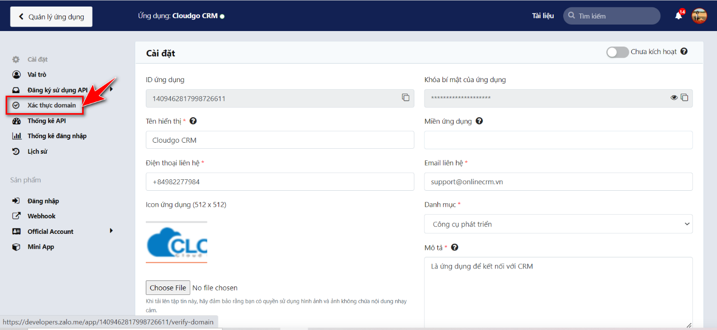 Menu Xác thực domain trong ứng dụng Zalo