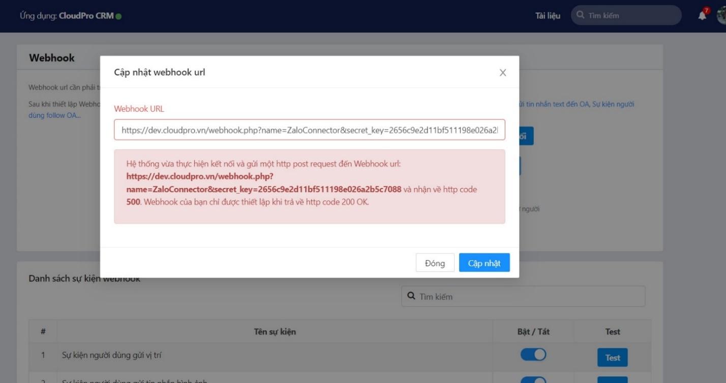 Thông báo lỗi cấu hình Webhook do thay đổi cơ chế xác thực domain của Zalo
