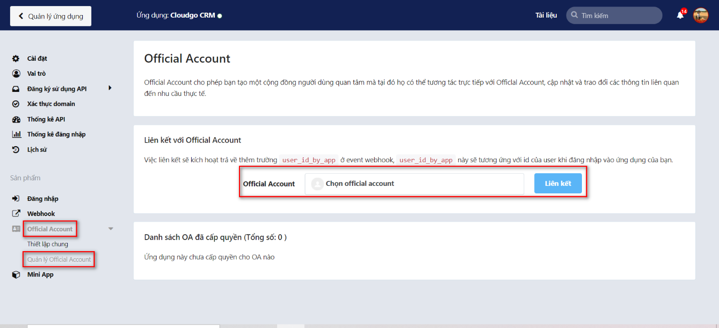 Chọn Official Account đại diện và click Liên kết