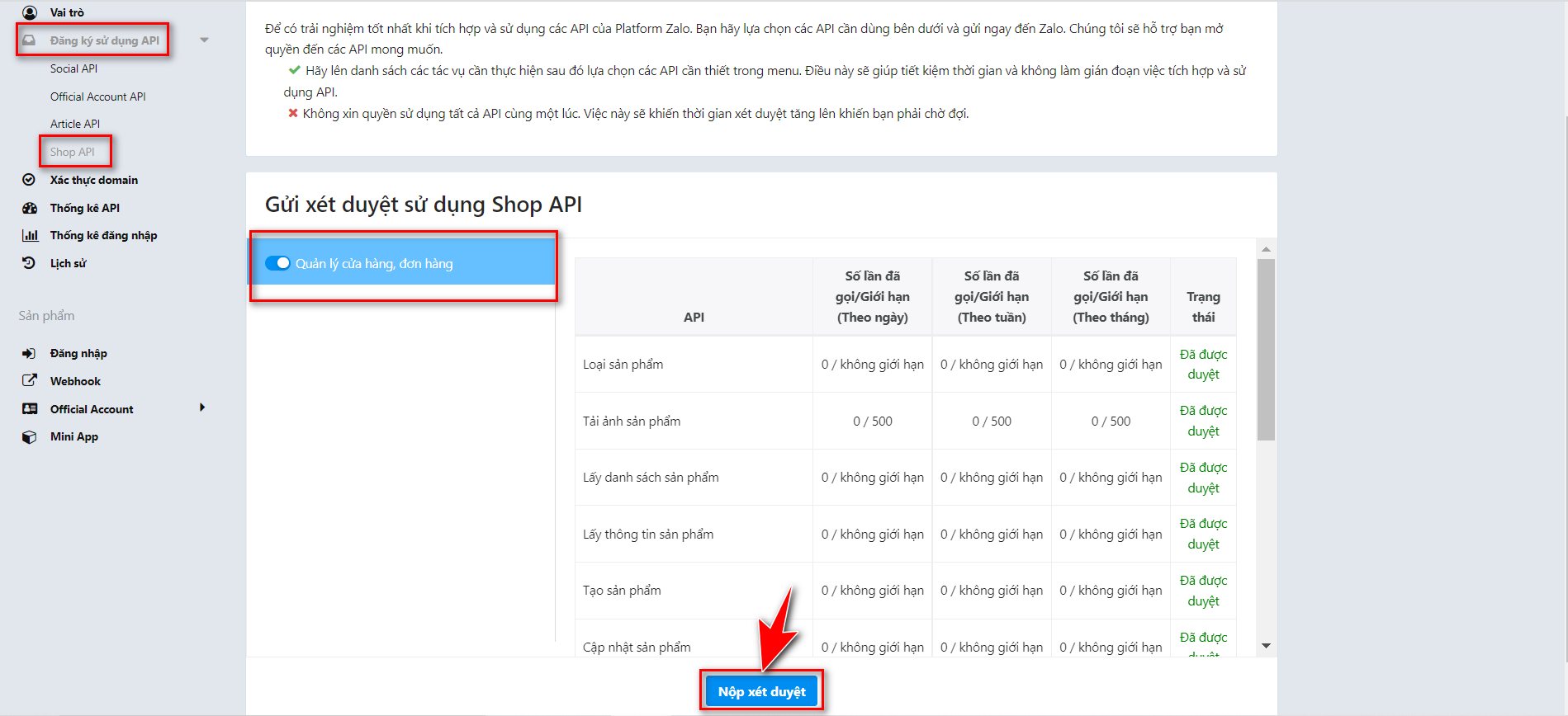 Đăng ký sử dụng Shop API