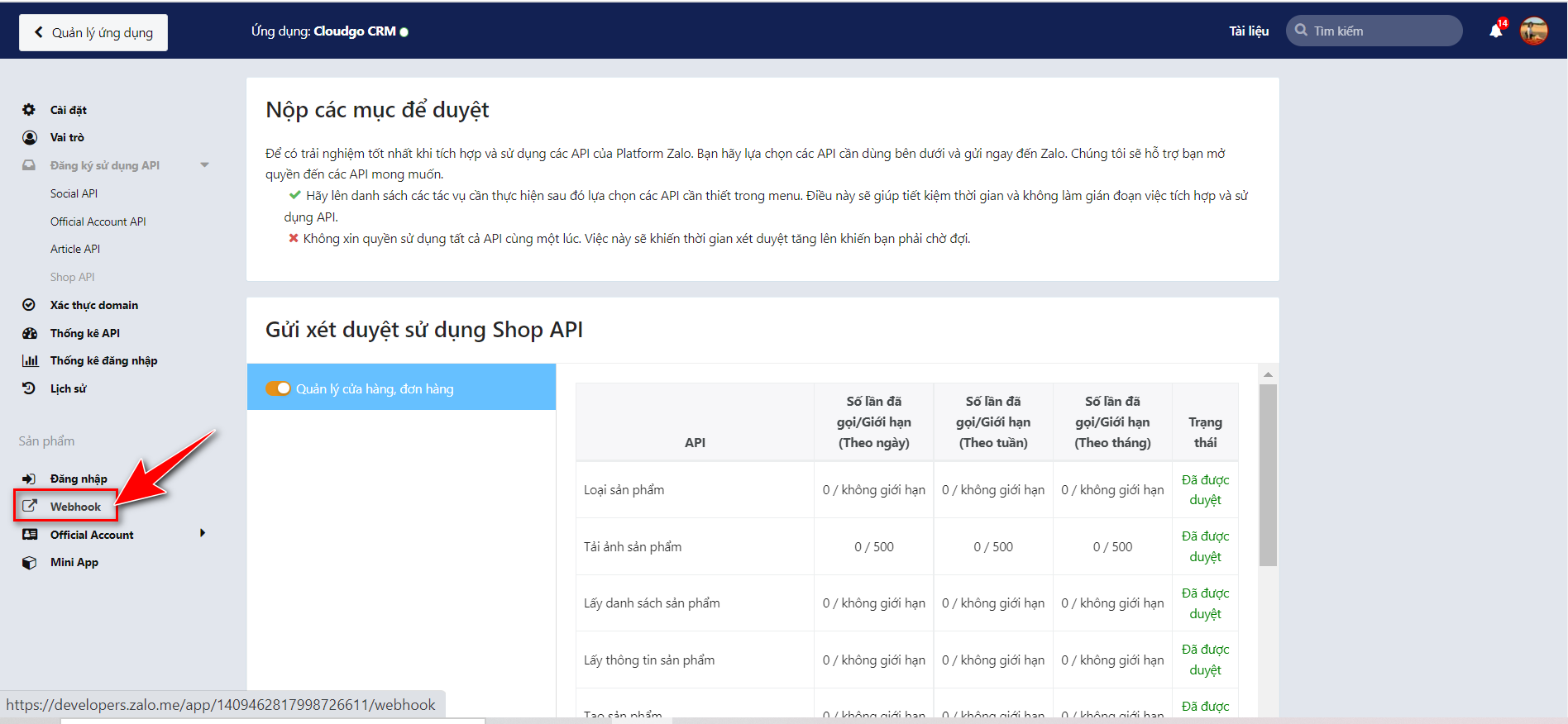 Menu Webhook — chọn Thay đổi