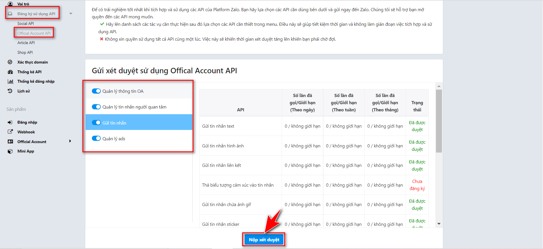 Đăng ký sử dụng Official Account API