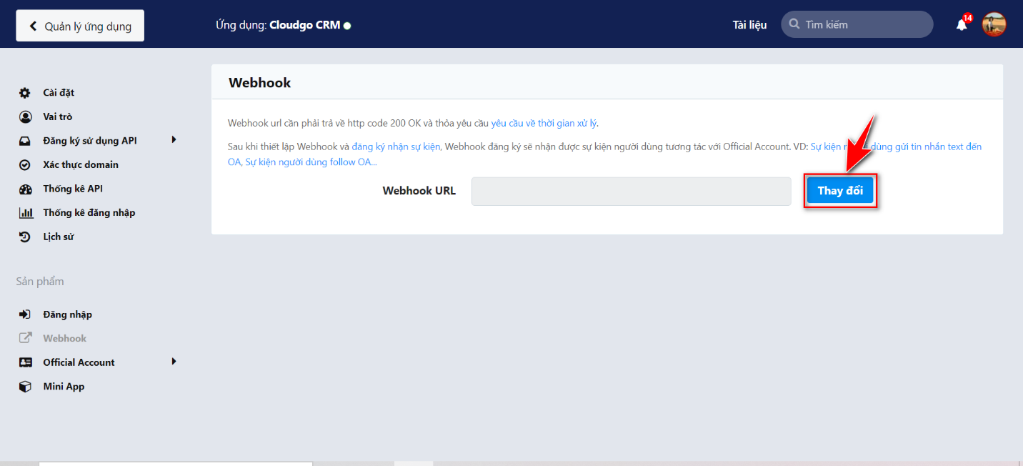 Màn hình cấu hình Webhook URL