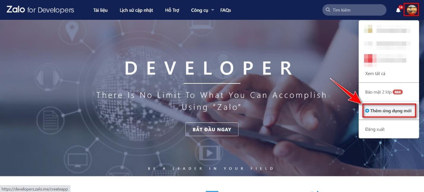 Trang Zalo Developer — click biểu tượng Avatar, chọn Thêm ứng dụng mới
