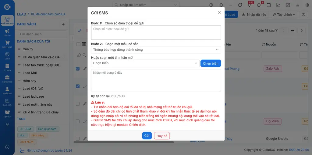 Form gửi SMS hàng loạt cho nhiều khách hàng đã chọn từ màn hình danh sách