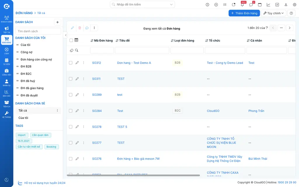 Truy cập module Đơn hàng từ menu chính hệ thống