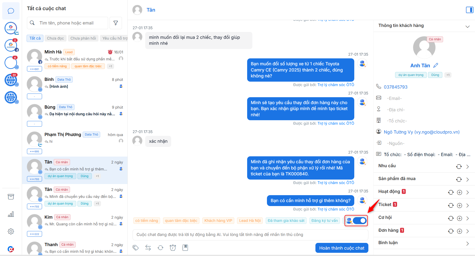 Tắt mode Trợ lý ảo trên cuộc chat để tự trả lời