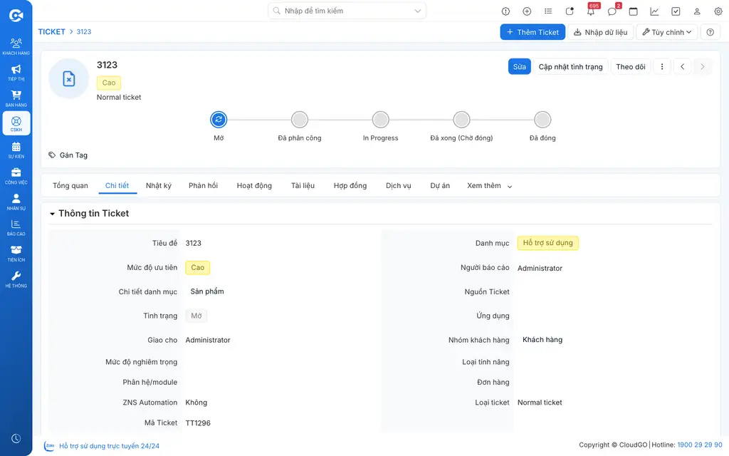 Chi tiết Ticket với các trạng thái xử lý Mở, Đã phân công, In Progress, Đã xong, Đã đóng