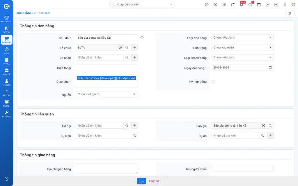 Form nhập thông tin đơn hàng với các trường bắt buộc