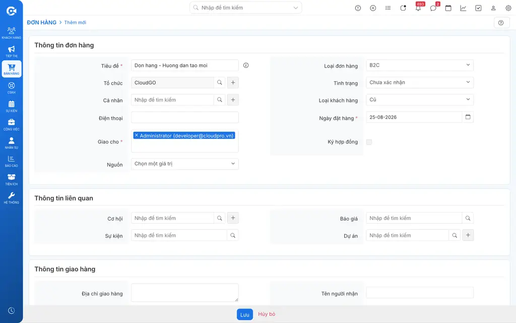 Form nhập thông tin đơn hàng với các trường bắt buộc