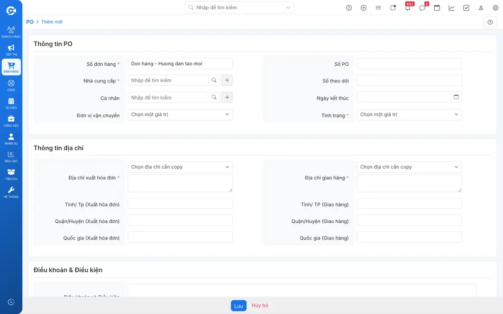 Form nhập thông tin PO với các trường và phần bổ sung