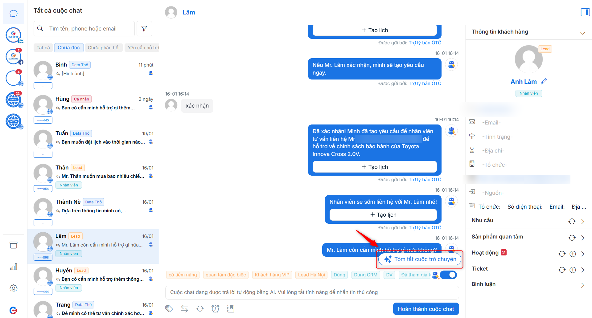 Nút Tóm tắt cuộc trò chuyện trên cuộc chat khách hàng