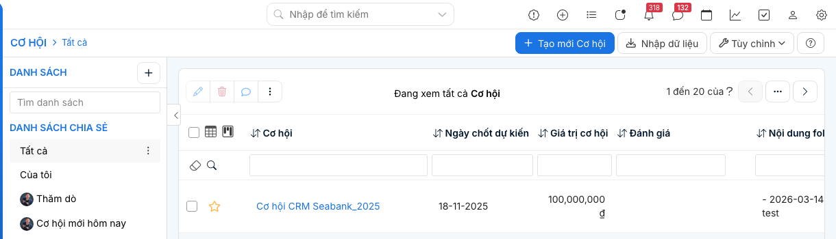 Timeline hiển thị màu đỏ khi cơ hội thất bại