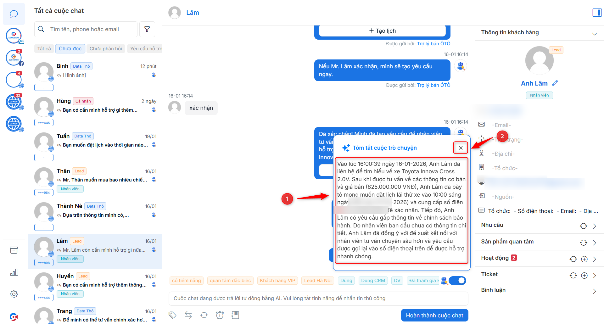 Nội dung tóm tắt cuộc chat hiển thị