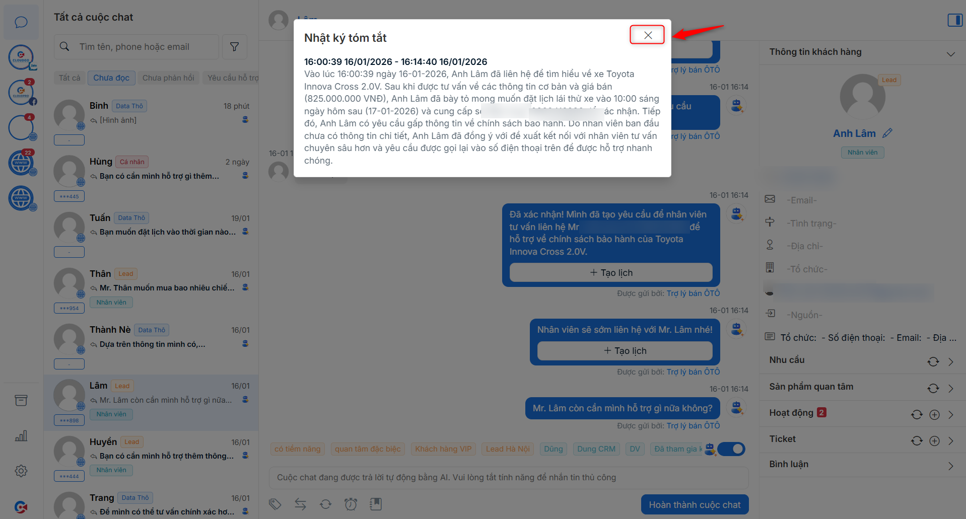 Nhật ký tóm tắt cuộc chat với tối đa 10 nhật ký gần nhất