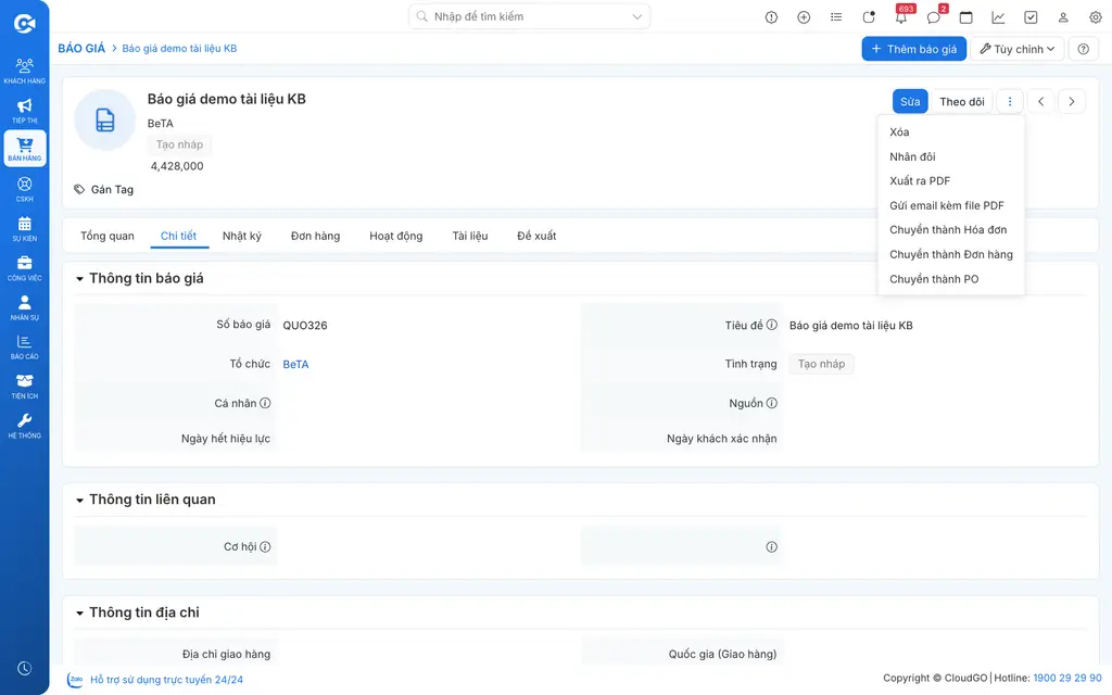 Chọn Chuyển thành PO từ menu Thao tác trên chi tiết báo giá