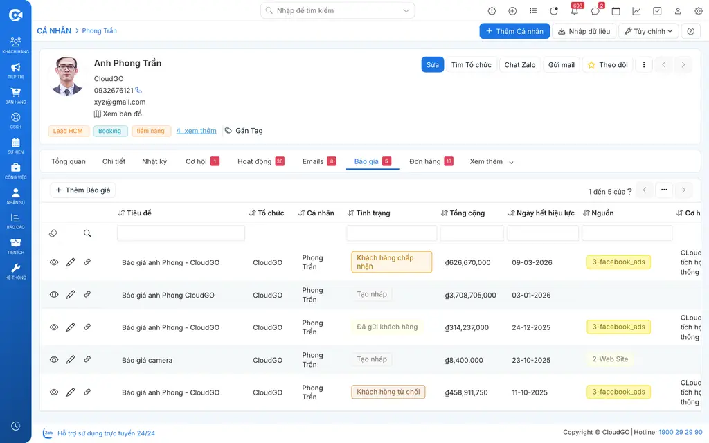 Tab Báo giá trên profile Người liên hệ với nút Thêm báo giá