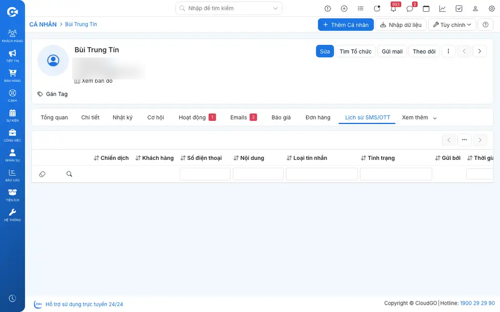 Mục "Lịch sử SMS/OTT" trong danh sách "Xem thêm" tại hồ sơ khách hàng