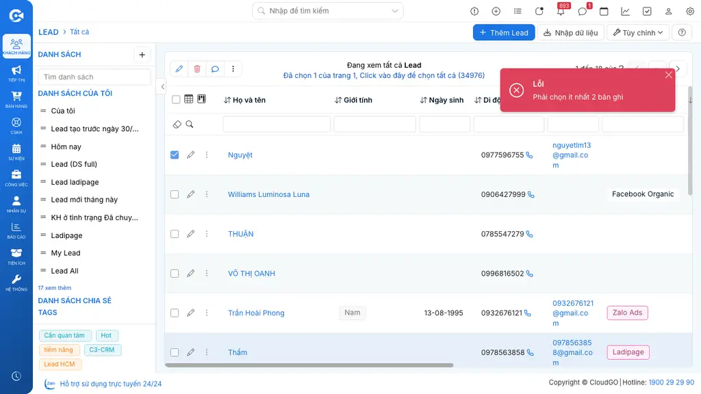 Thông báo lỗi khi chỉ chọn 1 bản ghi: