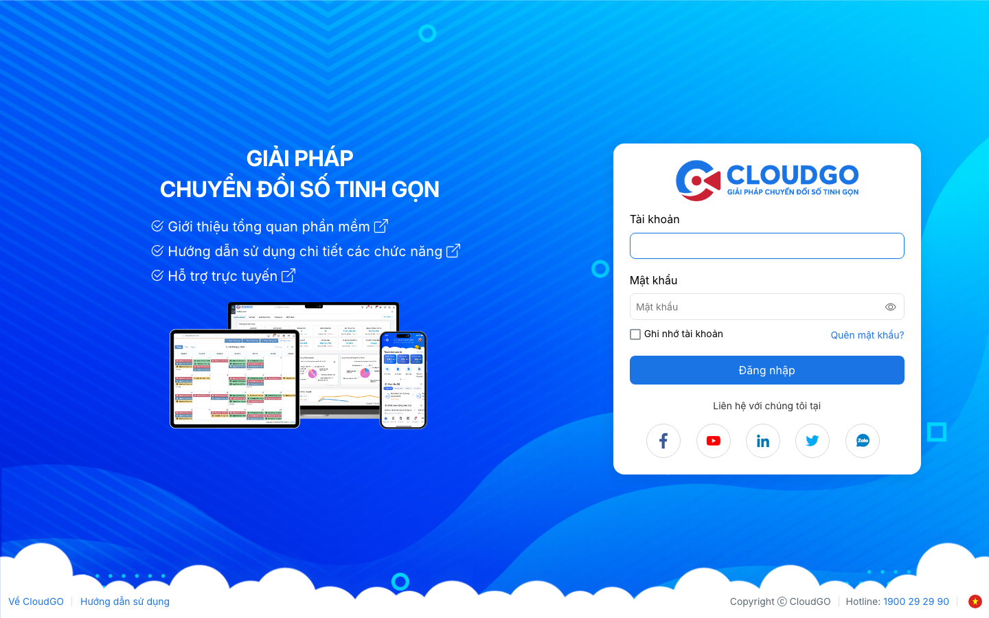 Màn hình đăng nhập CloudGO CRM với 2 ô nhập tên đăng nhập, mật khẩu và nút Đăng nhập