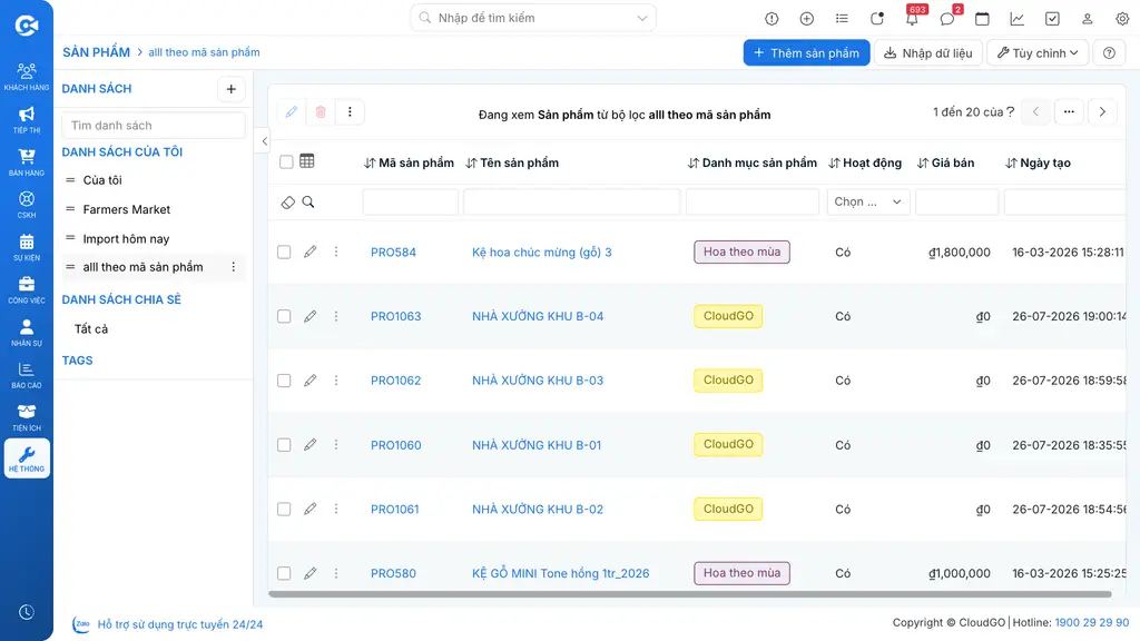 Màn hình danh sách tổng quan module Sản phẩm trên CloudGO CRM
