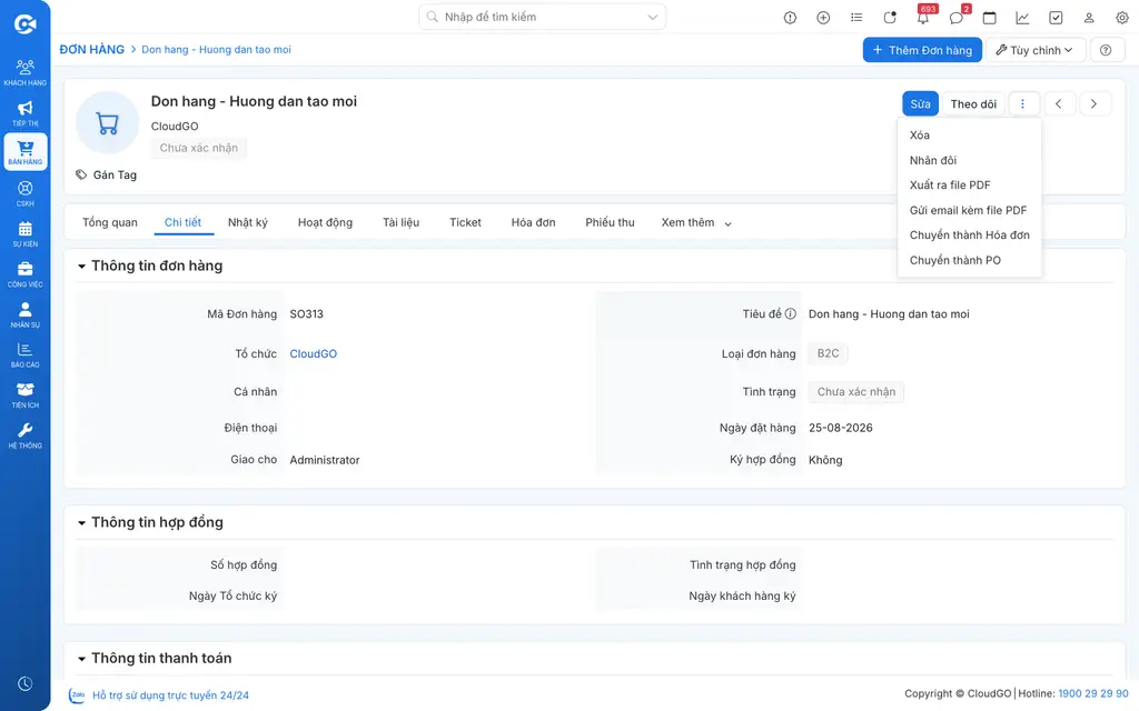 Chọn Gửi Email kèm file PDF từ menu đơn hàng