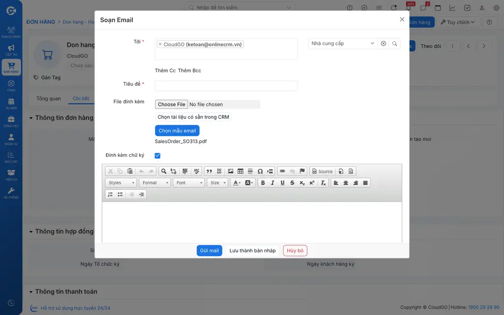 Form nhập thông tin email gửi đơn hàng cho khách hàng