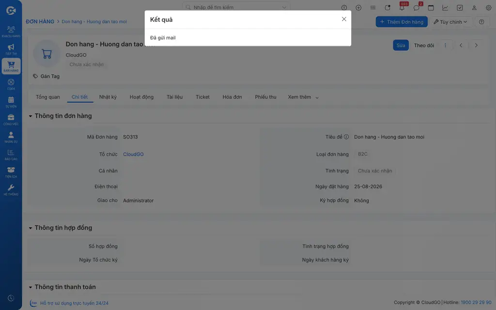 Thông báo gửi email đơn hàng thành công