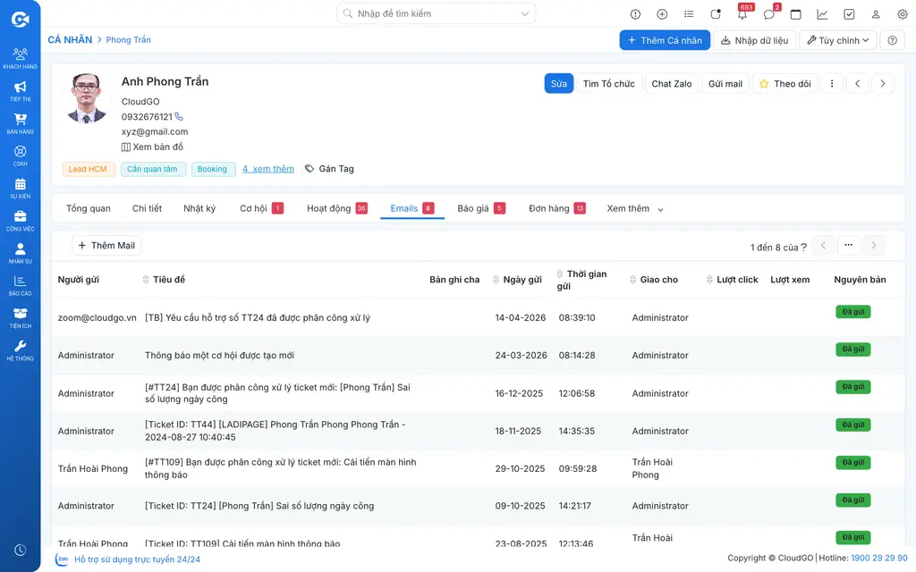 Theo dõi lịch sử email trên profile Người liên hệ