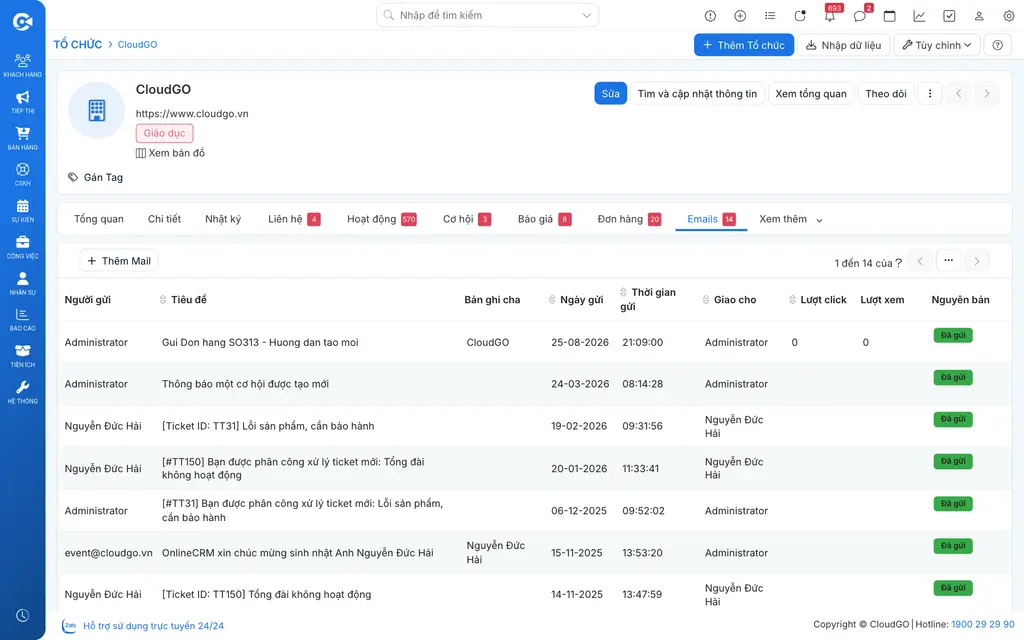 Theo dõi lịch sử email trên profile Công ty