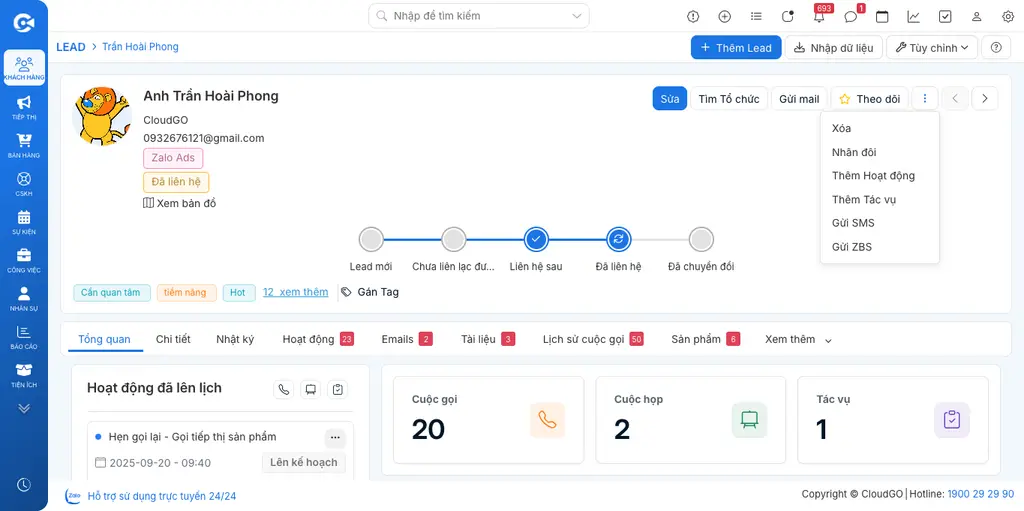 Menu ba chấm trên hồ sơ khách hàng với mục "Gửi SMS"