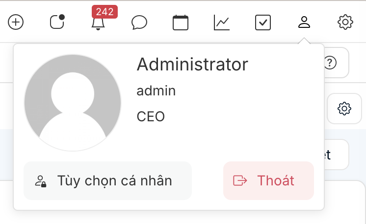 Menu thông tin cá nhân đang mở với các tùy chọn (hồ sơ, đổi mật khẩu, đăng xuất)