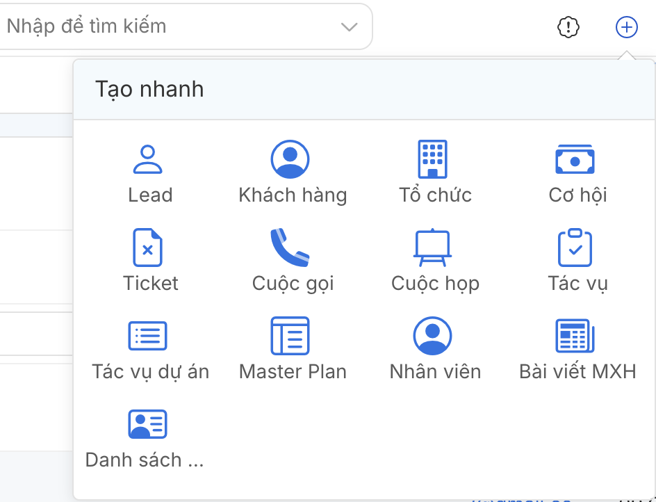 Menu tạo nhanh trên header với danh sách các loại bản ghi