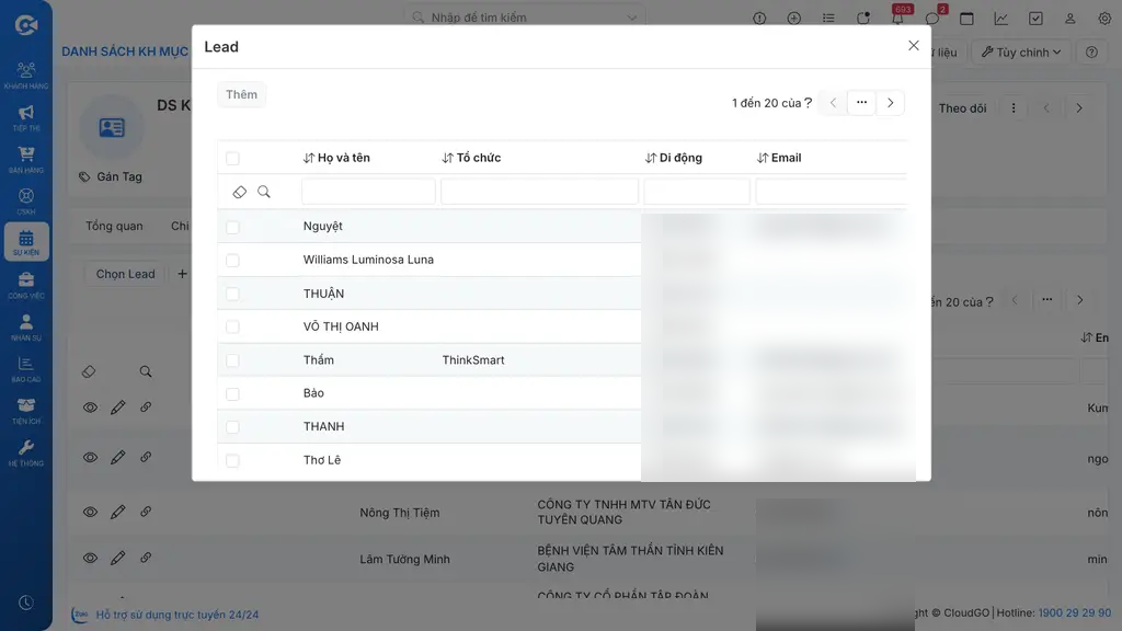 Popup chọn Lead để thêm vào Danh sách KH mục tiêu, tick chọn và nhấn