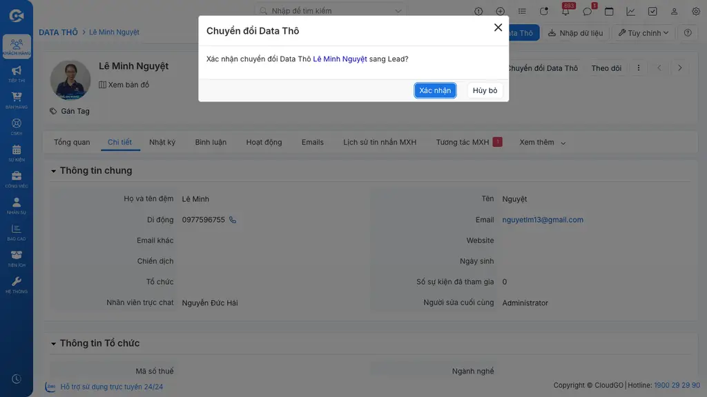 Popup xác nhận chuyển đổi Data Thô sang Lead