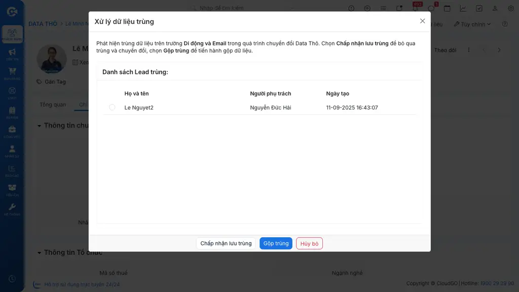 Popup xử lý dữ liệu trùng khi Di động/Email trùng với Lead đã có
