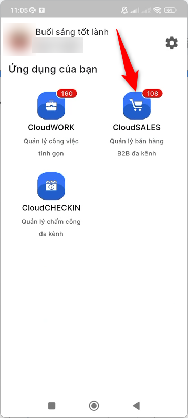 Chọn CloudSALES trong danh sách ứng dụng của bạn