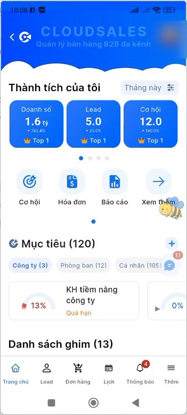 Mục Thành tích của tôi với các ô Doanh số, Lead, Đơn hàng, thứ hạng Top và mốc thời gian Tháng này