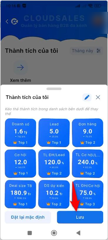 Nhấn Lưu sau khi sắp xếp các ô thành tích