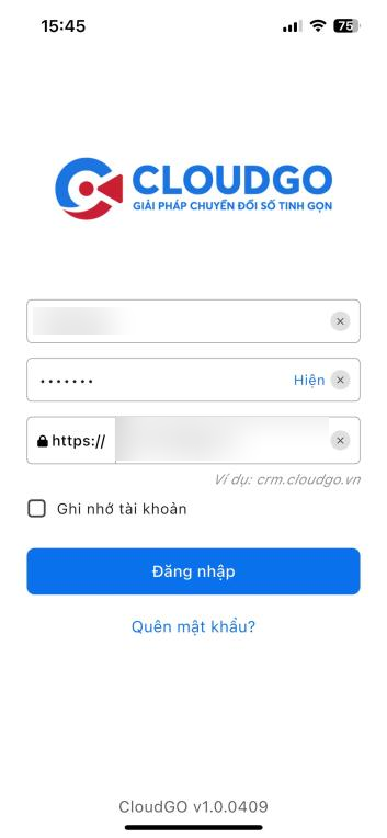 Màn hình nhập tên đăng nhập, mật khẩu và đường dẫn CRM của ứng dụng CloudGO