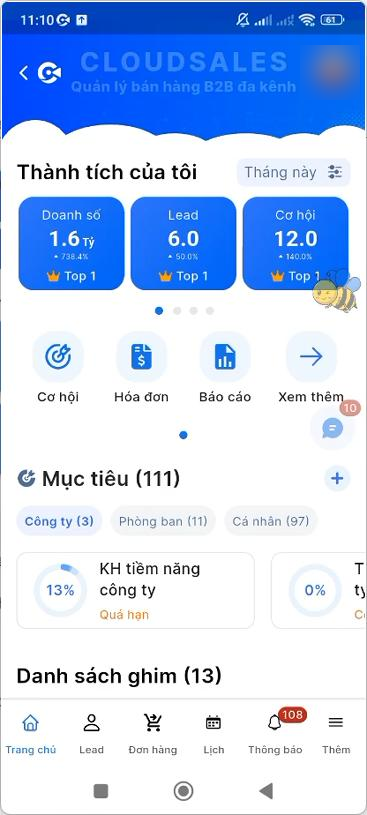 Trang chủ CloudSALES sau khi đăng nhập thành công