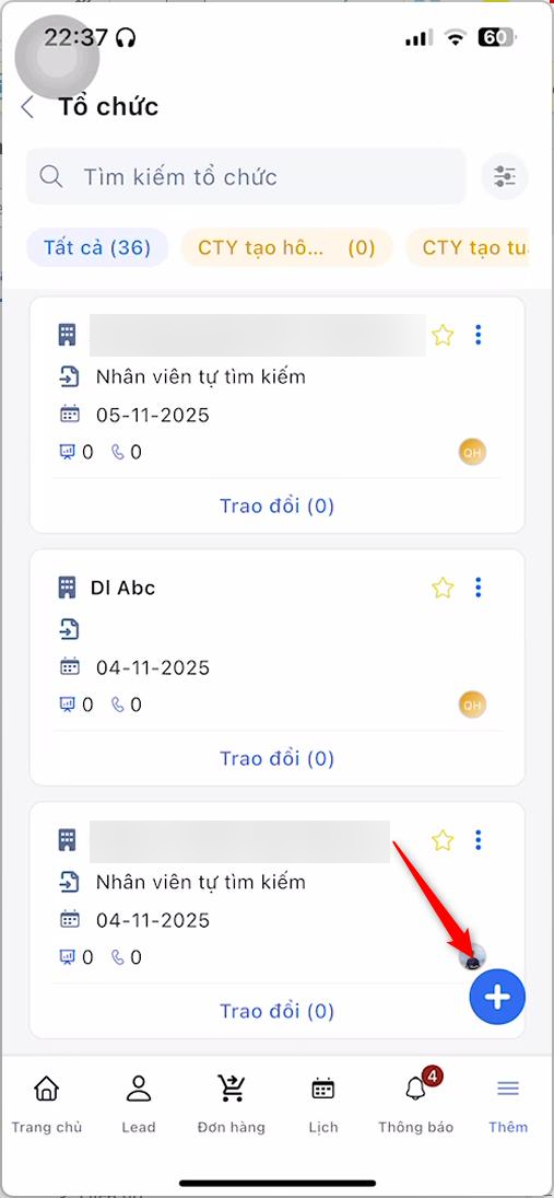 Nhấn icon dấu cộng để thêm mới Tổ chức